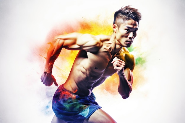 Heroic double exposure colorful photo of a well trained male Chinese runner speedy running