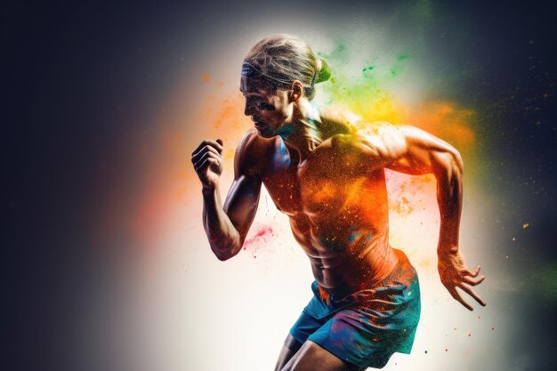 Heroic double exposure colorful photo of a well trained male Swedish runner speedy running