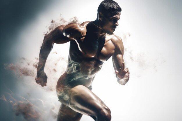 写真 よく訓練されたヒスパニック系男性ランナーが速く走る英雄的な二重露光写真