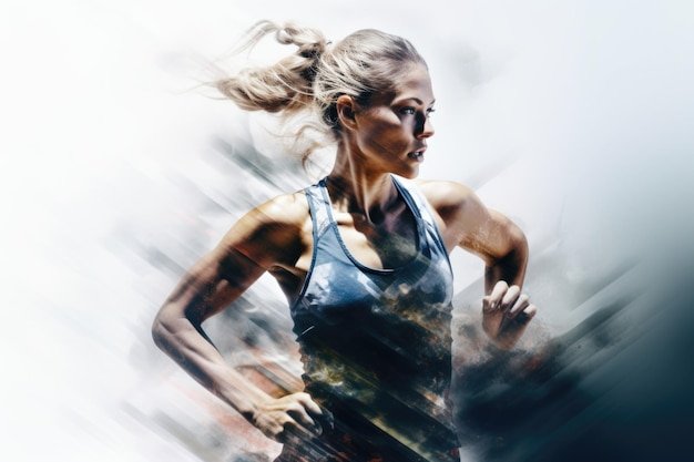 Photo heroic double exposure photo of a well trained female swedish runner speedy running