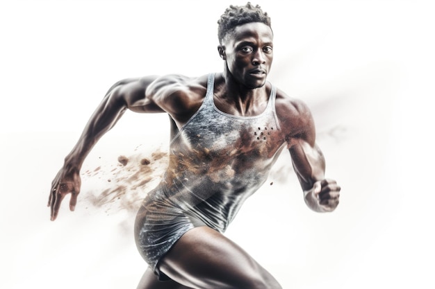 잘 훈련된 아프리카 남성 달리기 선수의 영웅적인 이중 노출 사진