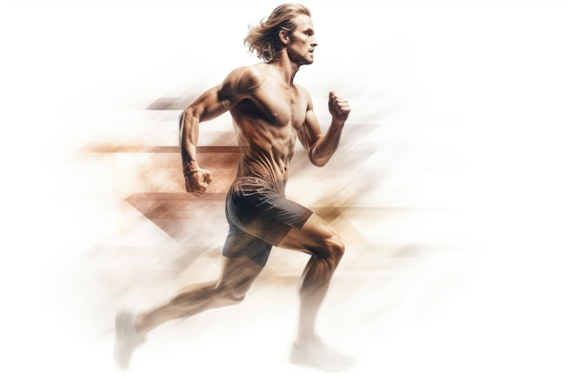 Heroic double exposure photo of a well trained male Swedish runner speedy running