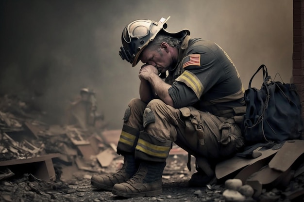 Heroic Effort A fireman exhausted and sad sitting.