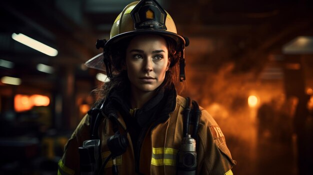 Heroic female firefighter in dimly lit burning interior