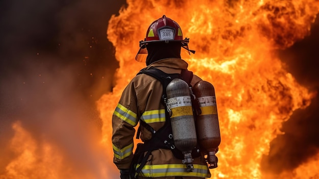 Photo the heroic firefighter battling an epic blaze generative ai