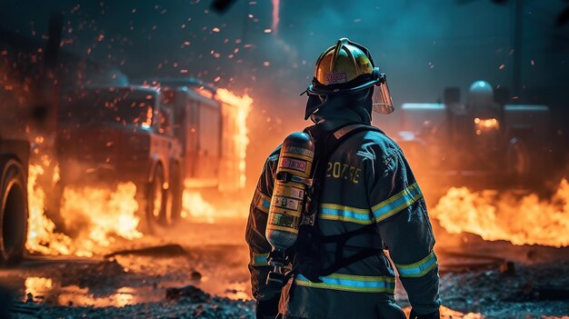 Photo the heroic firefighter battling an epic blaze generative ai