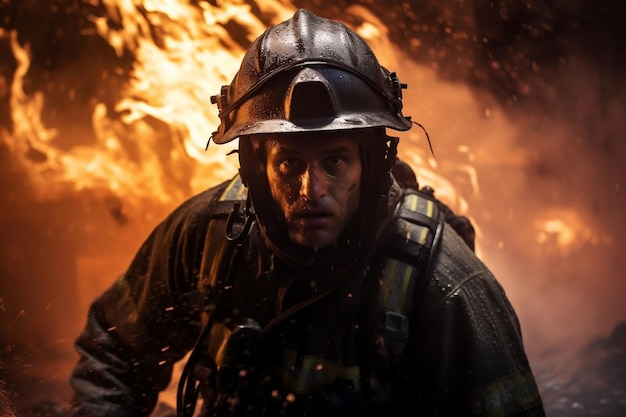Heroic Firefighter in Full Gear Charges Into Smoky Area Generative AI