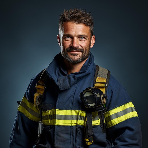 Heroic Firefighter on Solid Blue Background