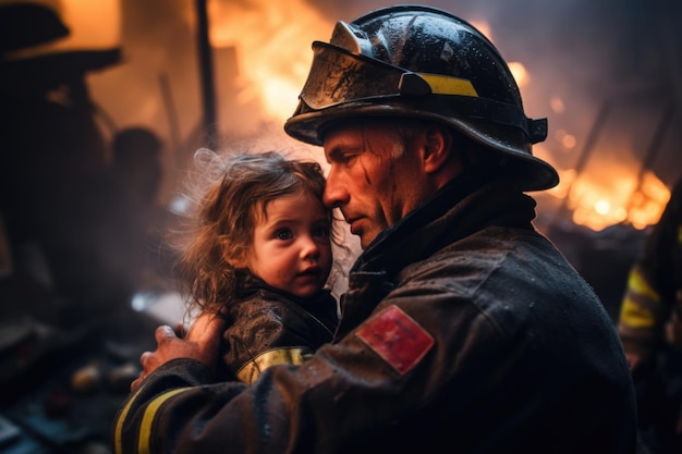 Heroic Rescue Fireman Safely Carries Girl from Burning Building