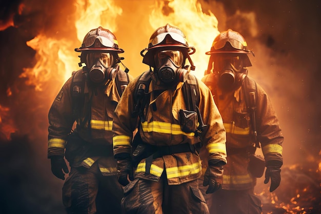 Heroic team of professional firefighters on the background of a wall of fire Generative AI illustration