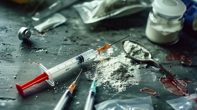 Foto heroïnepoeder in een lepel en kleine zakken en tabletten