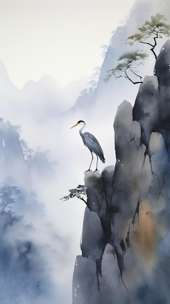 中国陽朔の石灰岩の垂直の頂上にとまるサギ鳥 AI 生成