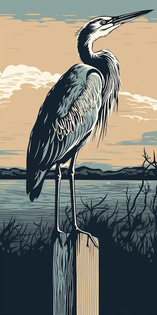 Heron In Linocut Style On Sea Post