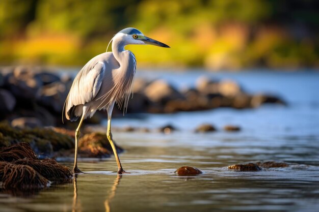 A heron searches for food amid the calm waters of a pond