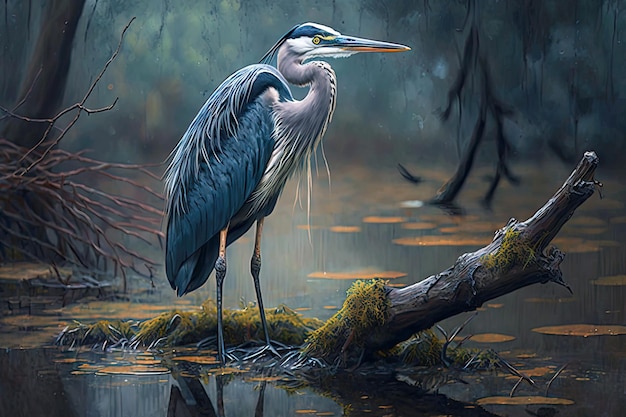 Heron standing on branch and looking ahead in marshy wet area generative ai