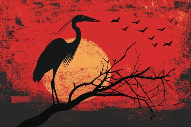 A heron standing on a branch with a red sunset background