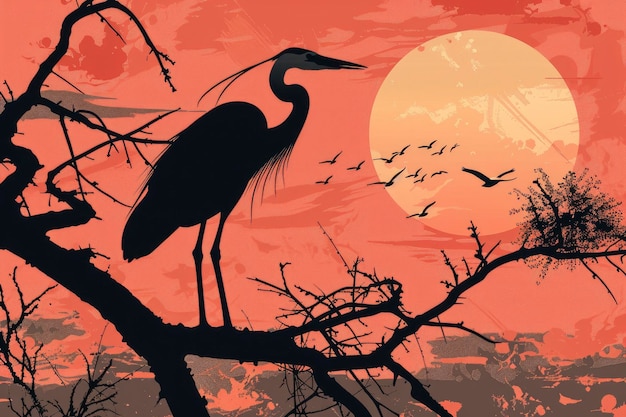 A heron standing on a branch with a red sunset background