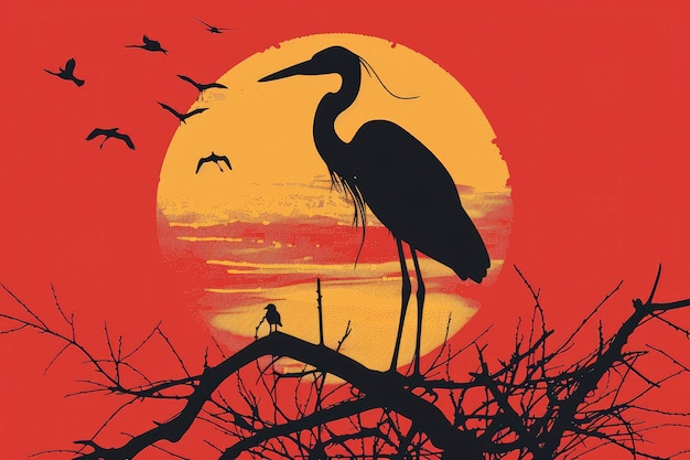 A heron standing on a branch with a red sunset background