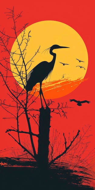 A heron standing on a branch with a red sunset background