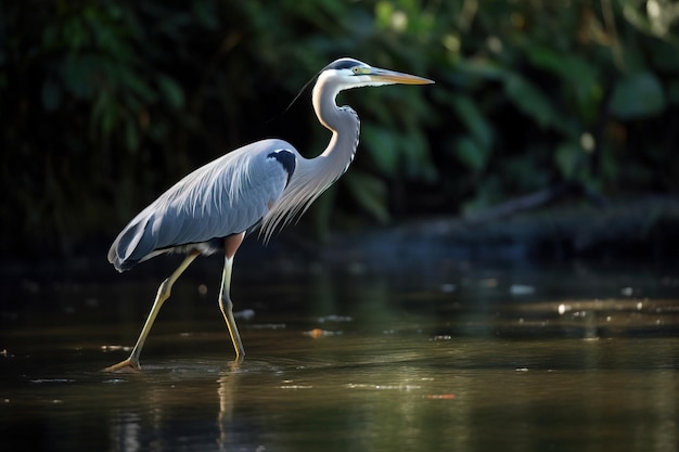 A heron standing in shallow water fishing for pre