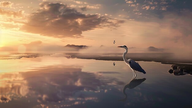 Heron wades at sunrise in the water