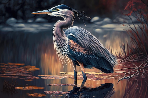 Heron with beautiful glossy feathers stands in shallow water on shore of lake generative ai