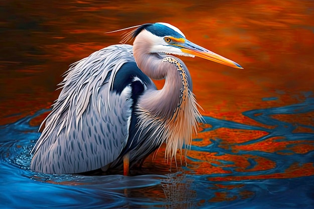 Heron with beautiful grey white plumage and orange legs in blue water generative ai