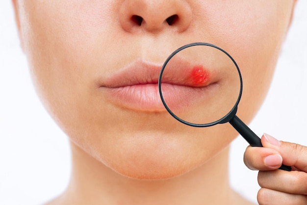 Herpes on the lip. Young woman with blisters caused by virus on the mouth enlarged with a magnifying