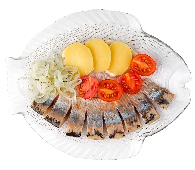 Herring with boiled potatoes and onion On white background