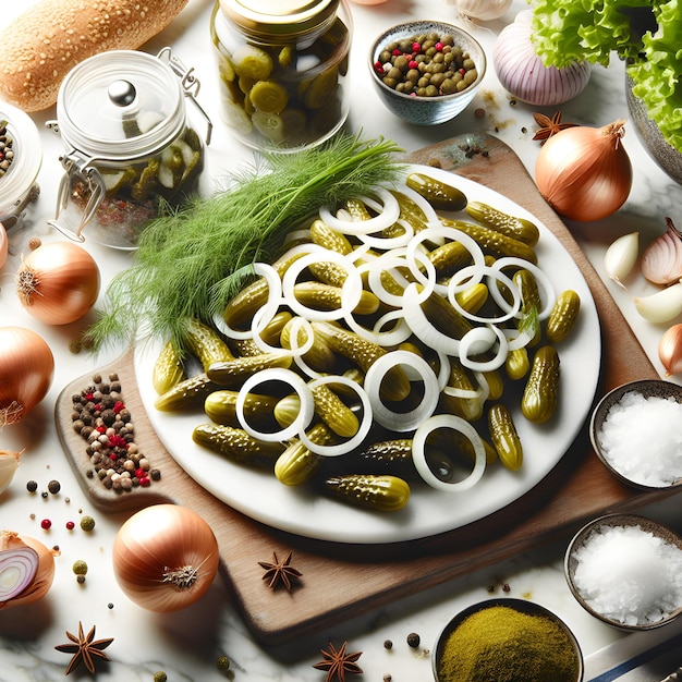 Herring with Onions and Pickles on Marble Counter