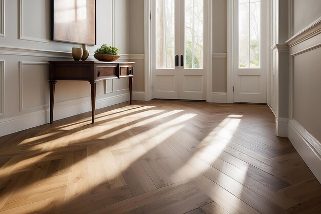 Herringbone Wood Floor Pattern in Sunlit Hallway