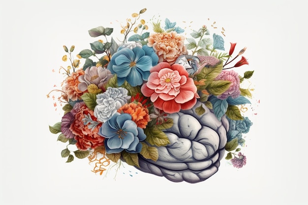 Hersenen met bloemen illustratie Creative Mind Concept gemaakt met generatieve AI