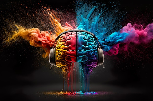 Hersenen met koptelefoon kleurrijke poeder verf explosie Muziektherapie Concept