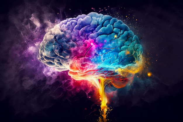 Hersenexplosie met veelkleurig stof op een zwarte achtergrond Generatieve AI