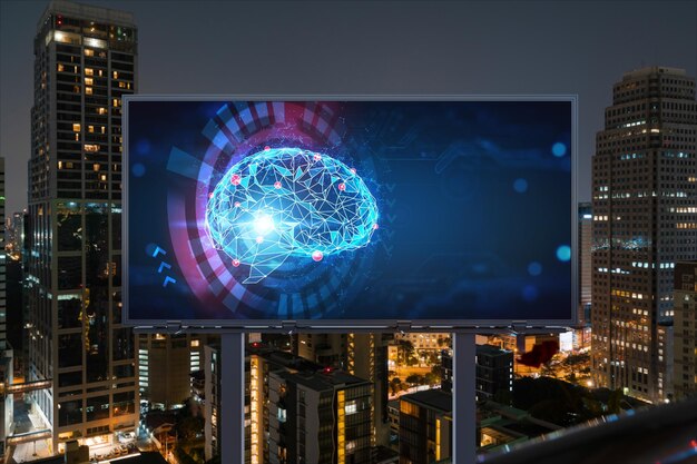 Hersenhologram op billboard met Bangkok stadsgezicht achtergrond 's nachts Straatreclame poster Vooraanzicht Het grootste wetenschapscentrum in Zuidoost-Azië Codering en hightech wetenschap