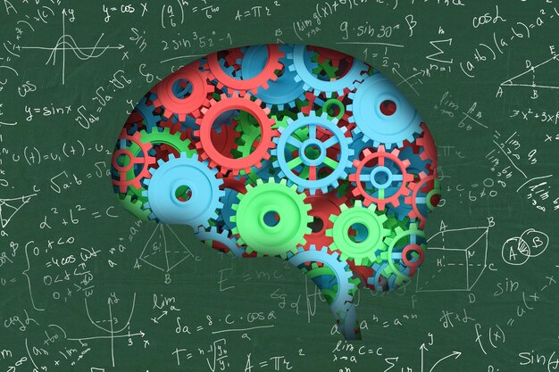 Foto hersenvormige opening met kleurrijke tandwielen erin in bord met formules. concept van creatief denken en wetenschap. 3d-weergave