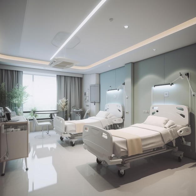 Herstelkamer met bedden en comfortabele medische interieur van een lege ziekenhuiskamer Generatieve ai