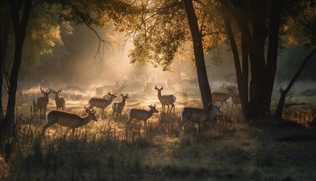 Hert staande in mistige herfst bosweide gegenereerd door AI