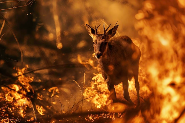 Foto herten in een brandend bos dieren in brand die uit een bosbrand proberen te ontsnappen