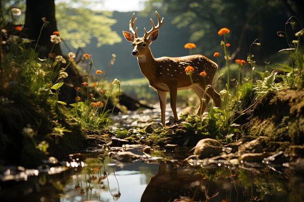Foto herten in het bos met bloemen en reflectie in het water.