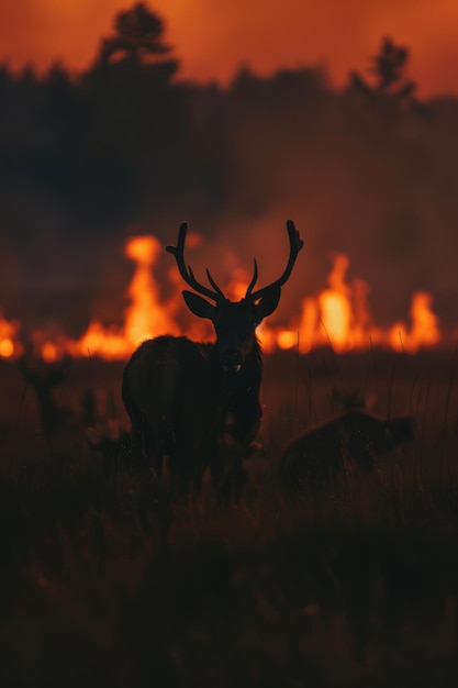 Foto herten in het wild met het vuur achter hen