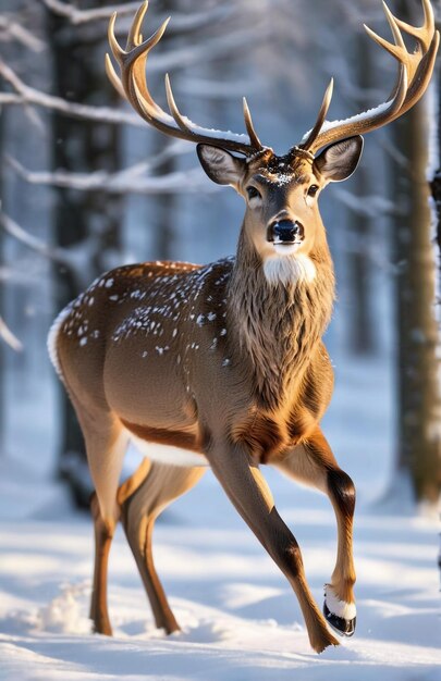 Herten lopen op het achtergrondpad woestijn natuur dieren in het wild en sneeuw