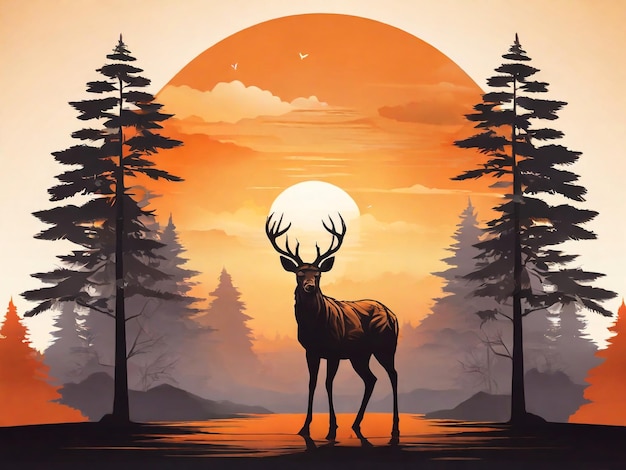 Herten staan op de dromerige bos achtergrond tijdens het oranje kleur zonsondergang vector poster ontwerp