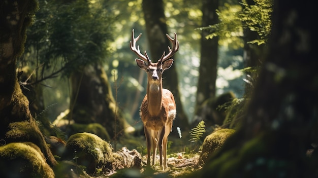 Herten staan tussen de bomen AI gegenereerde afbeelding