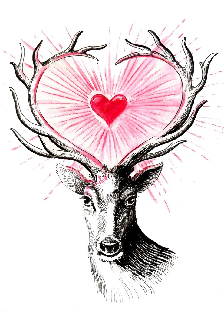 Foto hertenhoofd en gloeiend hart. inkttekening