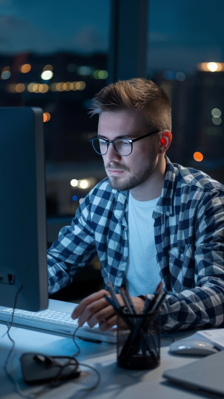 Photo hes going to pull an all nighter shot of a focused young programmer working on his computer in the
