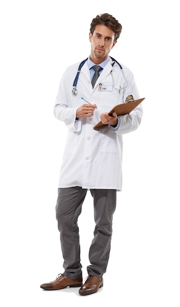 Hes here to keep you healthy Full length studio portrait of a seriouslooking young medical professional holding a clipboard