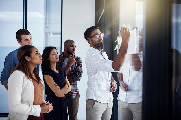 Hes showing them a new way of doing things Shot of a young businessman giving a demonstration on a glass wall to his colleagues in a modern office