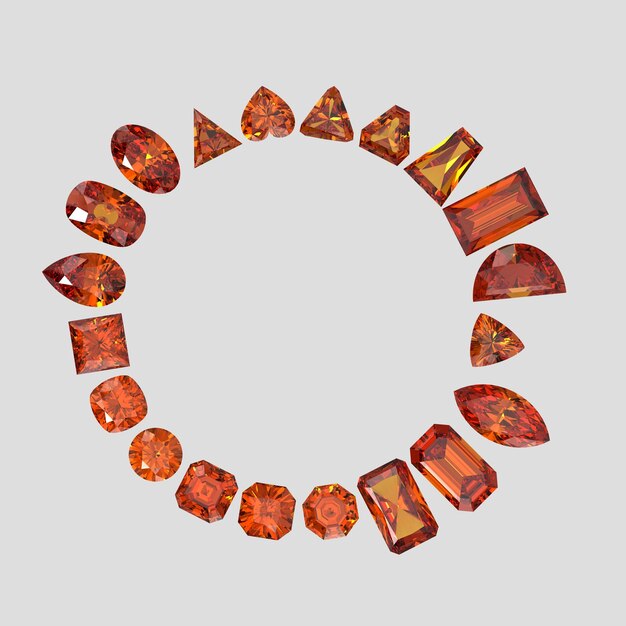 Hessonite color stone in all gem shapes 3D render