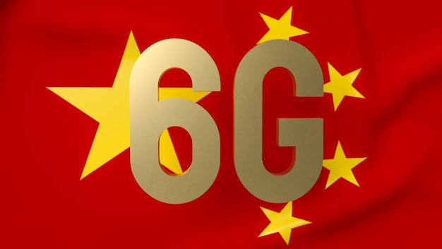 Het 6g goud op Chinese vlag voor technologie of communicatie concept 3D-rendering